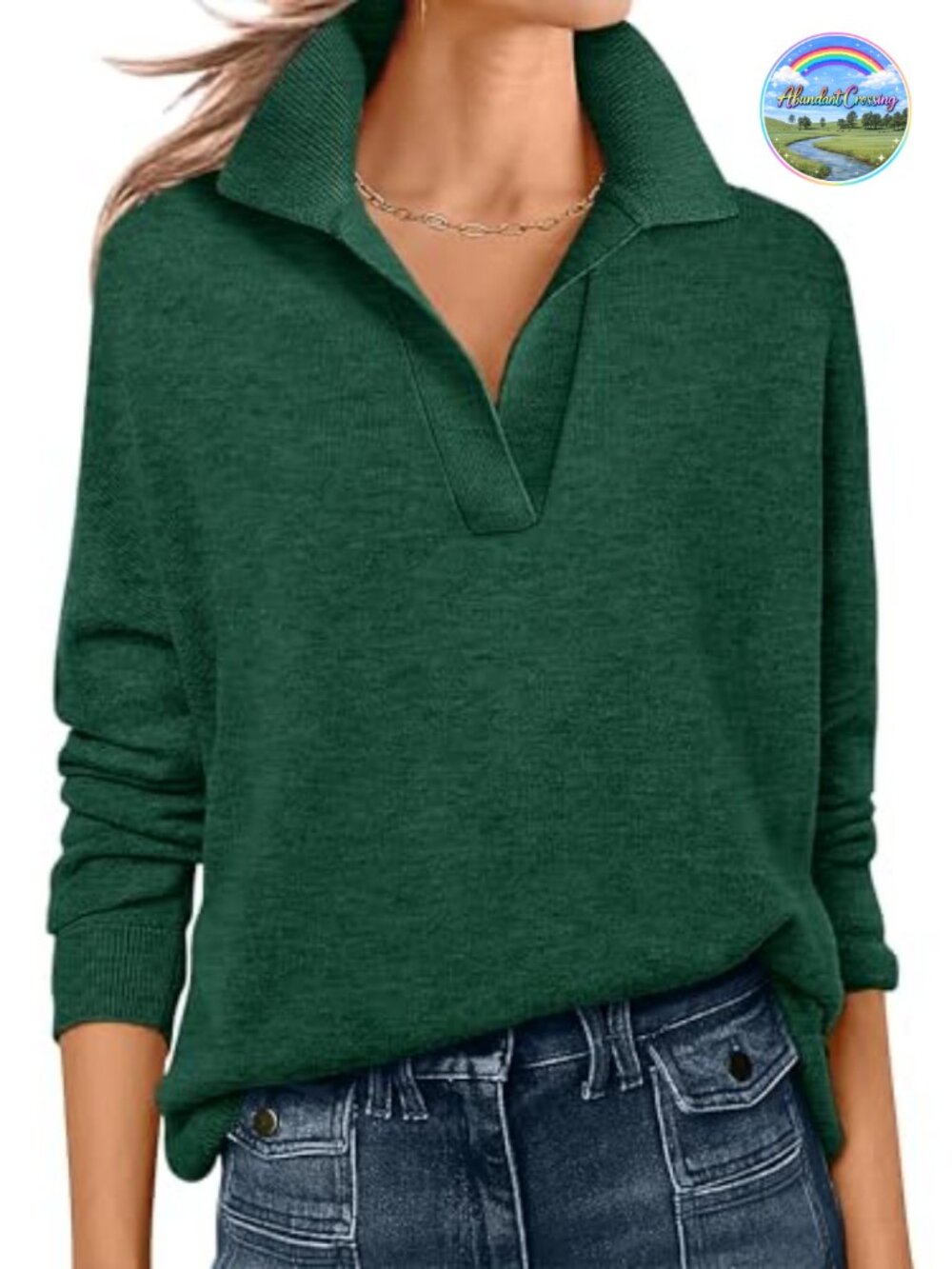 Women's Polo V Neck Lightweight Sweater Long Sleeve Pullover